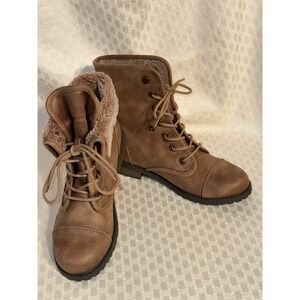Seychelles Lace Up Fold Down Leather Faux Fur Trim Combat Boots Tan Size 8